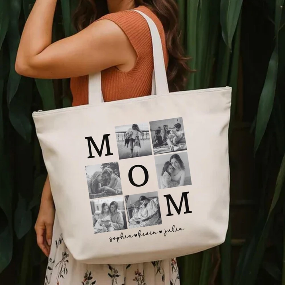 Hangout Canvas Tote Bag Custom Cartoon Mommy Text Print Young Mom Groups Companion Gather Daily Hobby Item Arrangement Gift