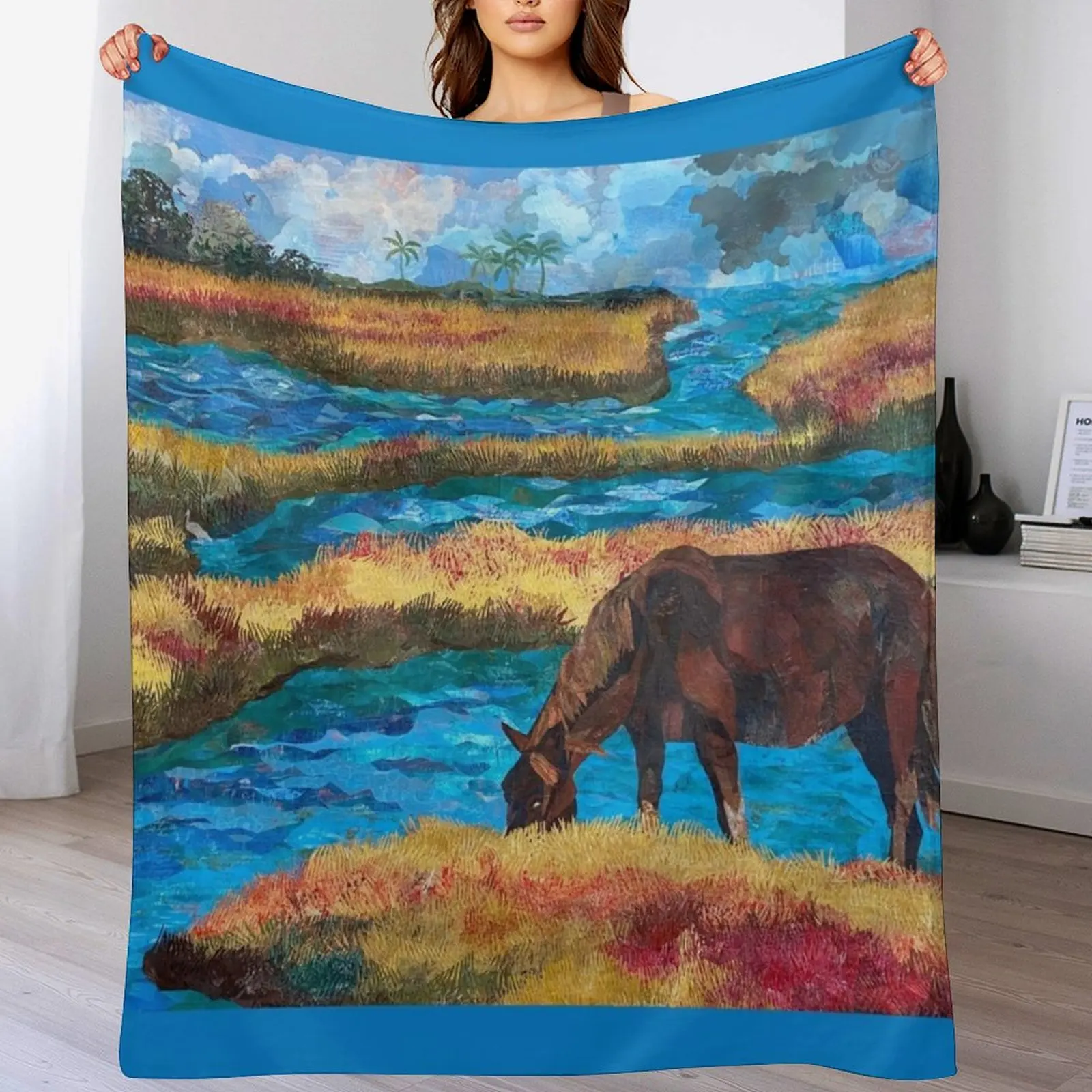 

Horse grazing in marsh Throw Blanket Air Conditioner Soft Blanket for Office Home