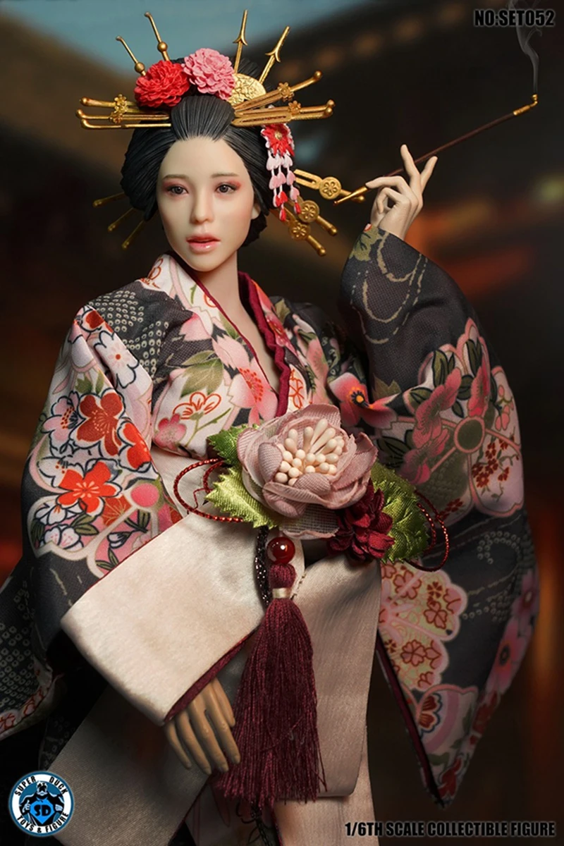 SUPER DUCK SET052 1/6 Japanese Geisha Head Sculpture Kimono Costume Set Model Fit 12'' TBL S12D Suntan Big Breast Action Figure