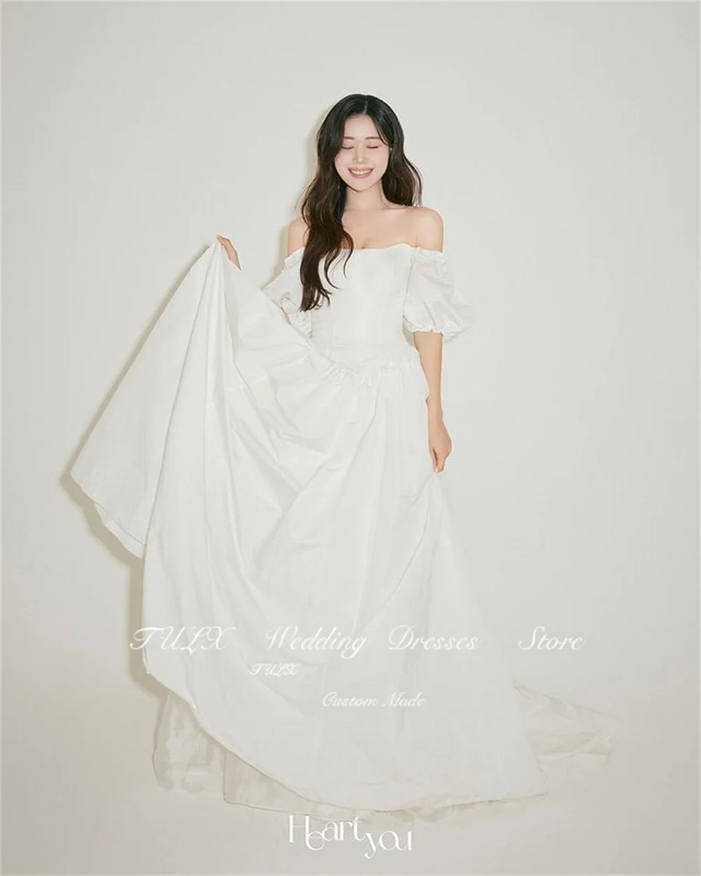 TULX A Line Long Taffeta Korea Wedding Dress Photo Shoot Remove Sleeves Off Shoulder Simple Bridal Gown Back Corset Zip Custom