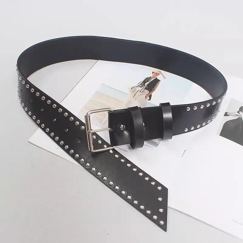 Women's Runway Fashion Genuine Leather Rivet Punk Cummerbunds Female Dress Corsets Waistband Belts Decoration Wide Belt R2671