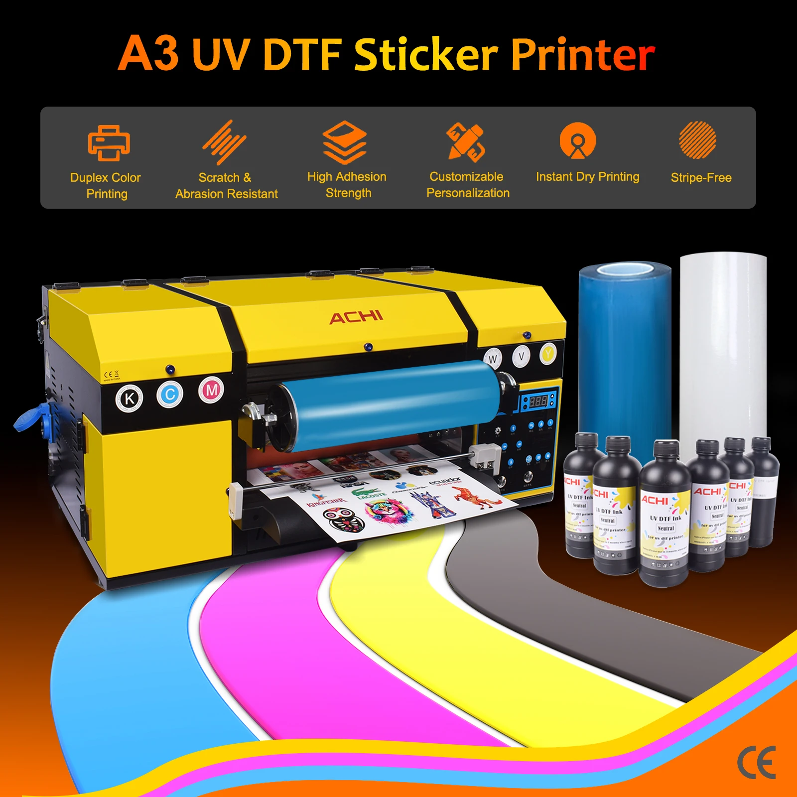 ACHI A3 UV DTF 2 in 1 Desktop Air-cooled Compact Fully Automatic Printer XP600 Printhead DIY Waterproof Crystal Sticker Printer