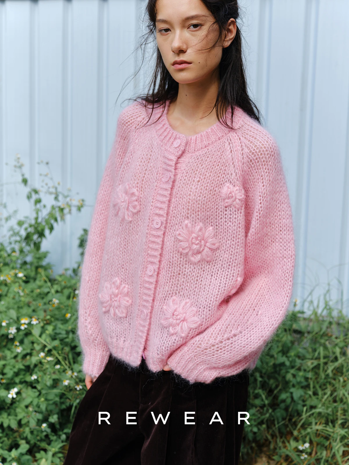 

REWEAR Super Fine Wool Hand Embroidered Heavy Knit 3D Flower Romantic Open Cardigan Sweater Soft Casual Loose Fit Long Sve