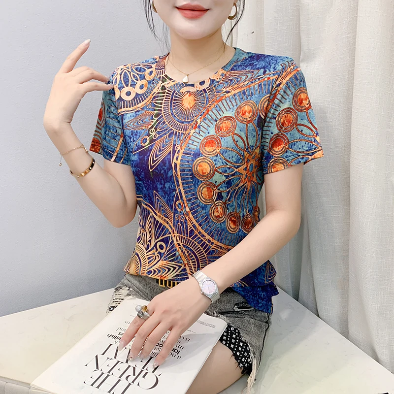 MadBlack-Women's European T-Shirt, Sexy O Neck Geometry Print, Streetwear Short Sleeve Slim S-3XL Knit Tee, 2026 Spring T61602CC