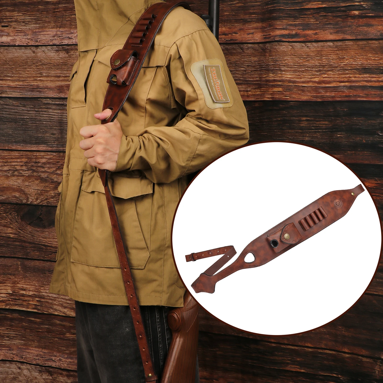 

Tourbon Hunting Retro Leather Rifle Sling with Swivels Gun Shoulder Strap with Cartridges Ammo Slots and Small Pocket Shooting