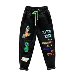 Trendy Cartoon Print Sequin Hole Nine-Piece Women's Jeans Elastic Waist Casual Harlan Pants Spring Autumn Cotton Stretch Denim