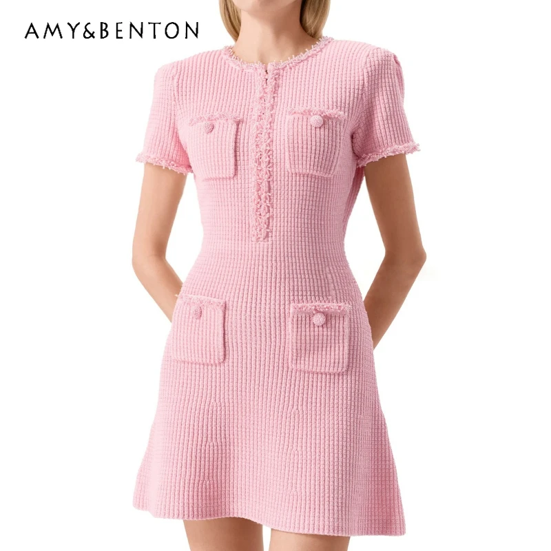 

European American Design Fashionable Elegant Knitted Women's Dress Summer New Model Solid Color Slimming A-line Dresses Ladies