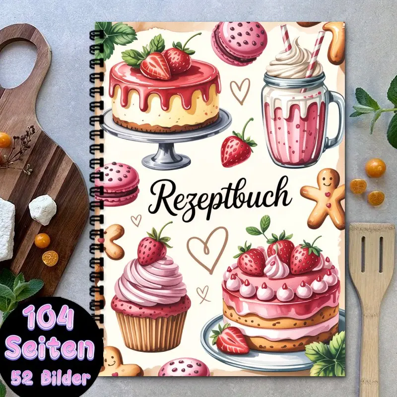 

A5 German cookbook,Spiral Binding Notebook,Can Hold Up to 100 Recipes,Desserts Cakes Strawberries Macarons Themed Recipe Journal