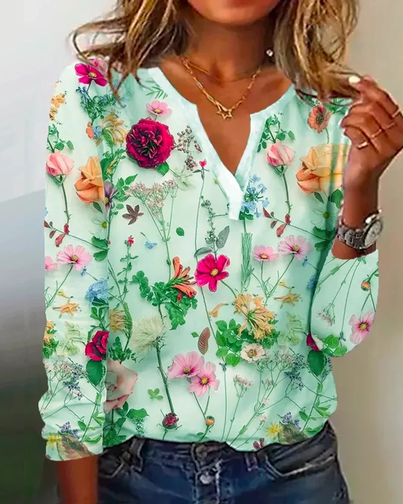 Summer Flower Printed Long Sleeved T-shirt Women\'s Loose Elegant Tops V-neck  Office Lady Vacation Beach Casual Sweet Blouse