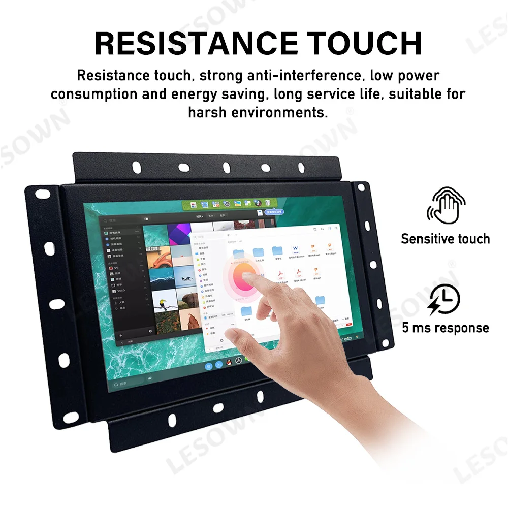 LESOWN Monitor Industri Bingkai Terbuka LCD IPS 7 Inci 1024X600 Rentang Suhu Lebar (-10 ℃   hingga 60 ℃ ) dengan VGA HDMI AV USB (sentuh)