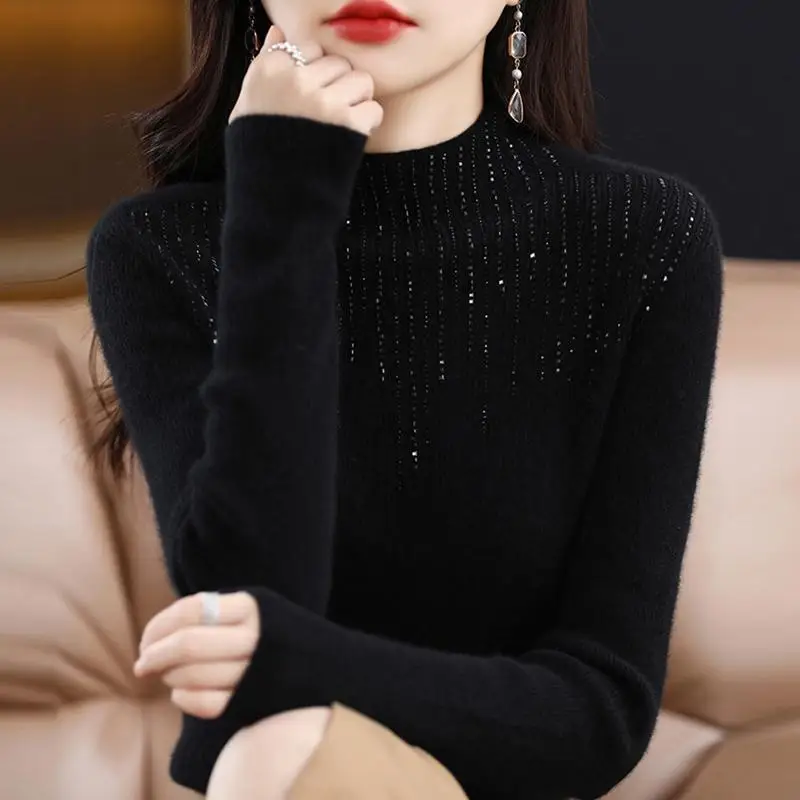 Elegant Stand Collar Solid Color Diamonds Sweaters Women's Clothing 2023 Autumn Winter Loose Korean Pullovers Office Lady Tops