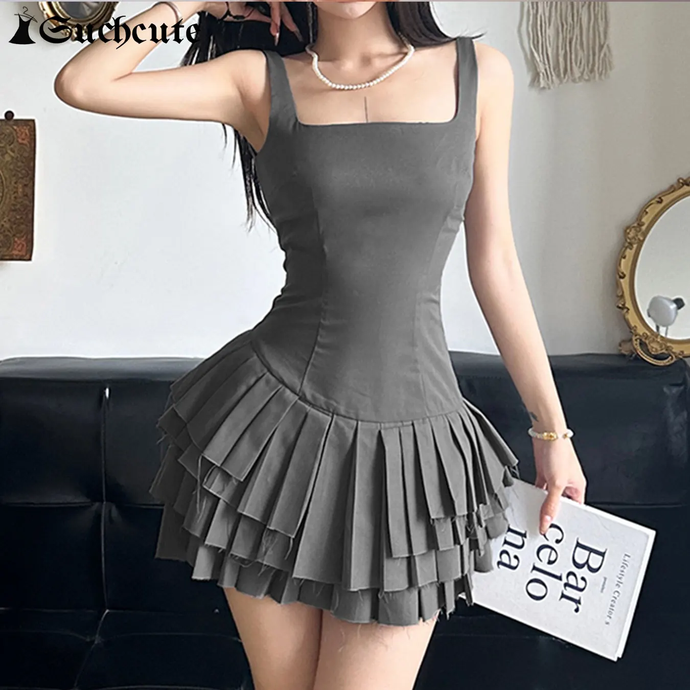 SUCHCUTE Fashion Solid Folds A-Line Dress Sexy Party Square Collar Sleeveless Backless Mini Dresses For Women 2024 Summer Lady