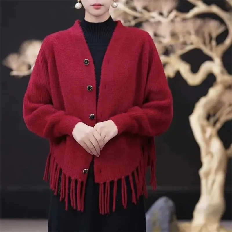 

Spring Autumn Female V-neck Knitwear Tops Ladies Fashion Batwing Sleeve Mink Fur Coat Korean Women Large Size 4XL Loose Knitted