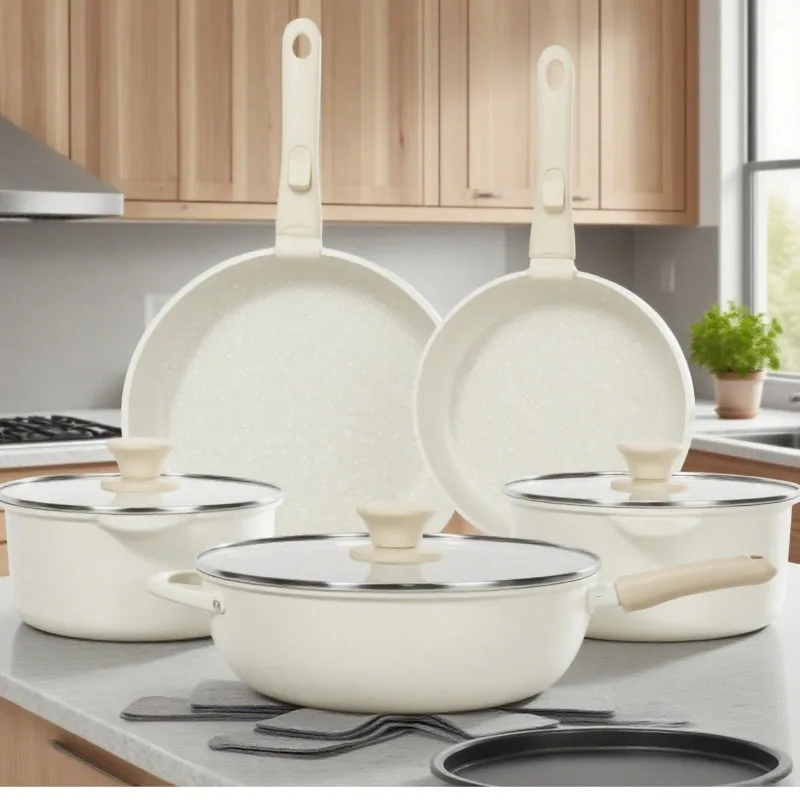 White/Black 15pcs Nonstick Cookware Set - Induction Compatible Granite Coated Pots & Pans Kit With Frying Pans, Saucepans,Durable Aluminum Kitchen Set,Frying Pan, Stew Pot, Frying Pan, Non-Stick Pan, Soup Pot, Practical Kitchen Tools