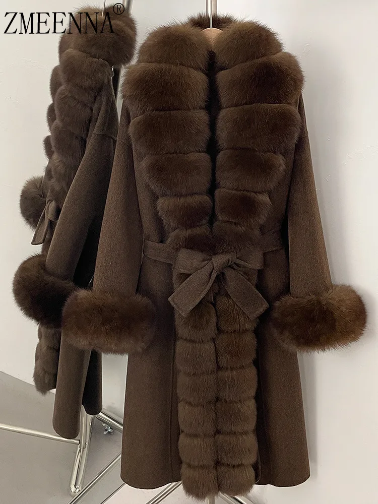 

ZMEENNA женское элегантное коричневое шерстяное пальто с отделкой из натурального меха, шаль, воротник, манжеты, завязка на талии, верхняя одежда ZM4217
