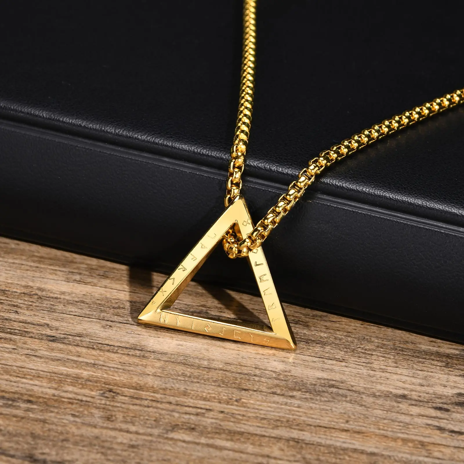 Men's Norse Viking Necklaces for Boys,Waterproof Stainless Steel Triangle Geometric Pendant Amulet Collar, 55/60/70cm Box Chain