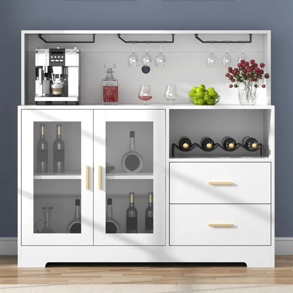 Wine Bar Cabinet with LED Light, Home Coffee Bar Cabinet with Wine & Glass Rack, Buffet Sideboard with Drawers & Microwave Stand