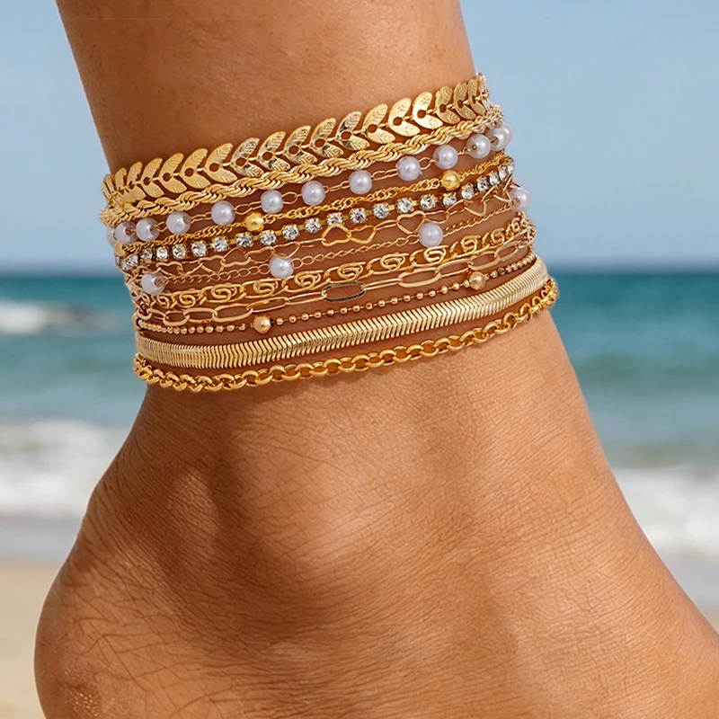 12 Pcs French Minimalist Gold Multi Chain Ankle Pack for Women Pearl Crystal Heart Stack Anklets Elegant Ladies Fashion Jewelry