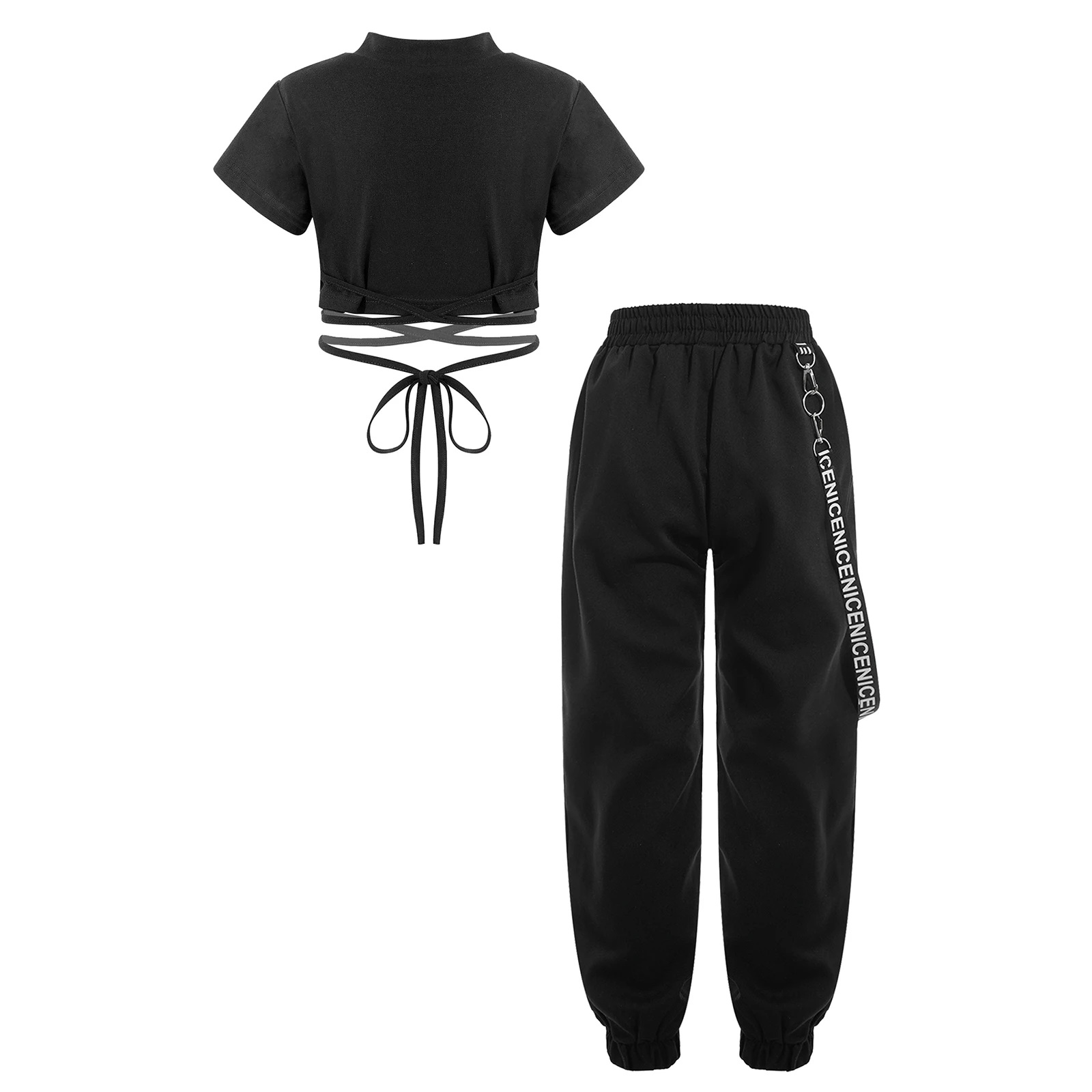 Kids Girl Fashion Jazz Dance Pant Short Sleeve Crop Top with Elastic Waistband Chain Pant Hip Hop Performance Costume Daily Wear