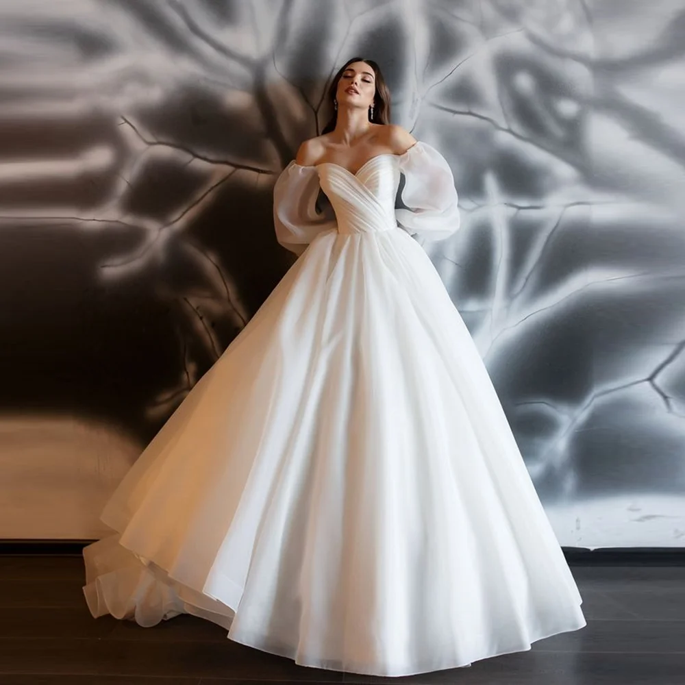

Customized Modest Off-Shoulder Organza Pleated Wedding Dress Backless Lace up Bridal Wedding Gown Long Sleeve Vestido De Novia