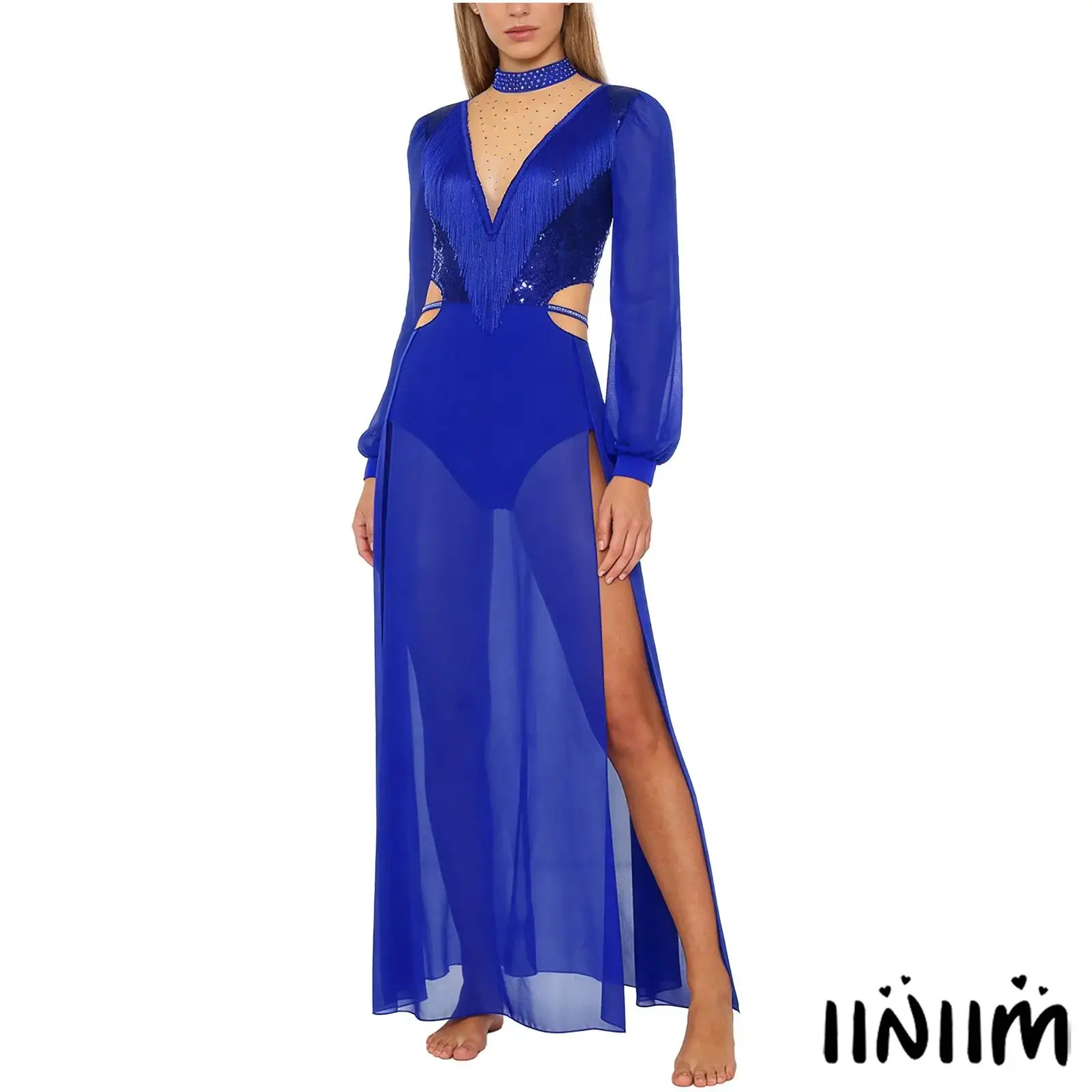 

Womens Elegant Latin Dance Maxi Dress with Long Sleeve Bodysuit with Slit Chiffon Hem Sequin Dress for Rumba Belly Dance Shows