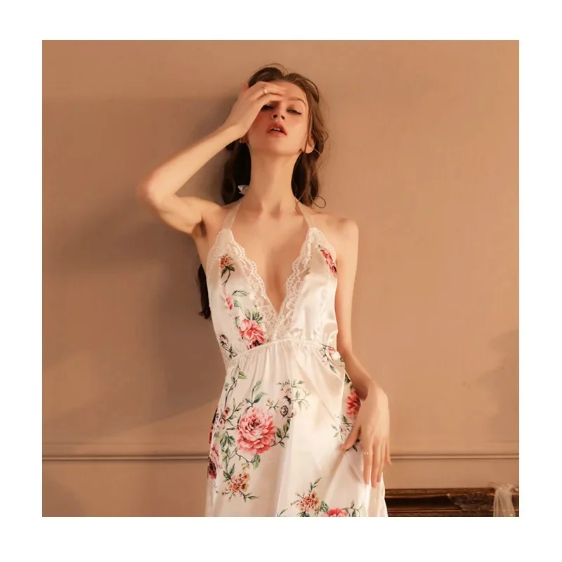 Nolia Summer Satin Nightdress for Women Vintage Sleepwear with Flower Print Breathable Halter Strap Sleeveless Viscose Nigh 5d4;