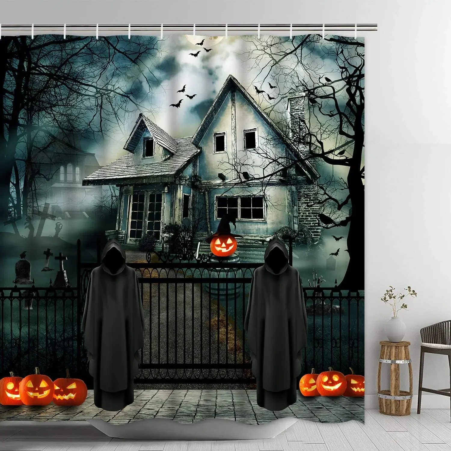 Halloween Shower Curtain By Ho Me Lili Pumpkin With Hooks Horror Graveyard Scary Fabric  For Bathroom Waterproof