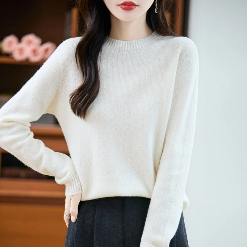 

Basic 100% Pure Wool Pullover Sweater Autumn Winter Women O-neck Soild Warm Soft Comfort Cashmere KnitLong Sleeved Tops Hot Sale