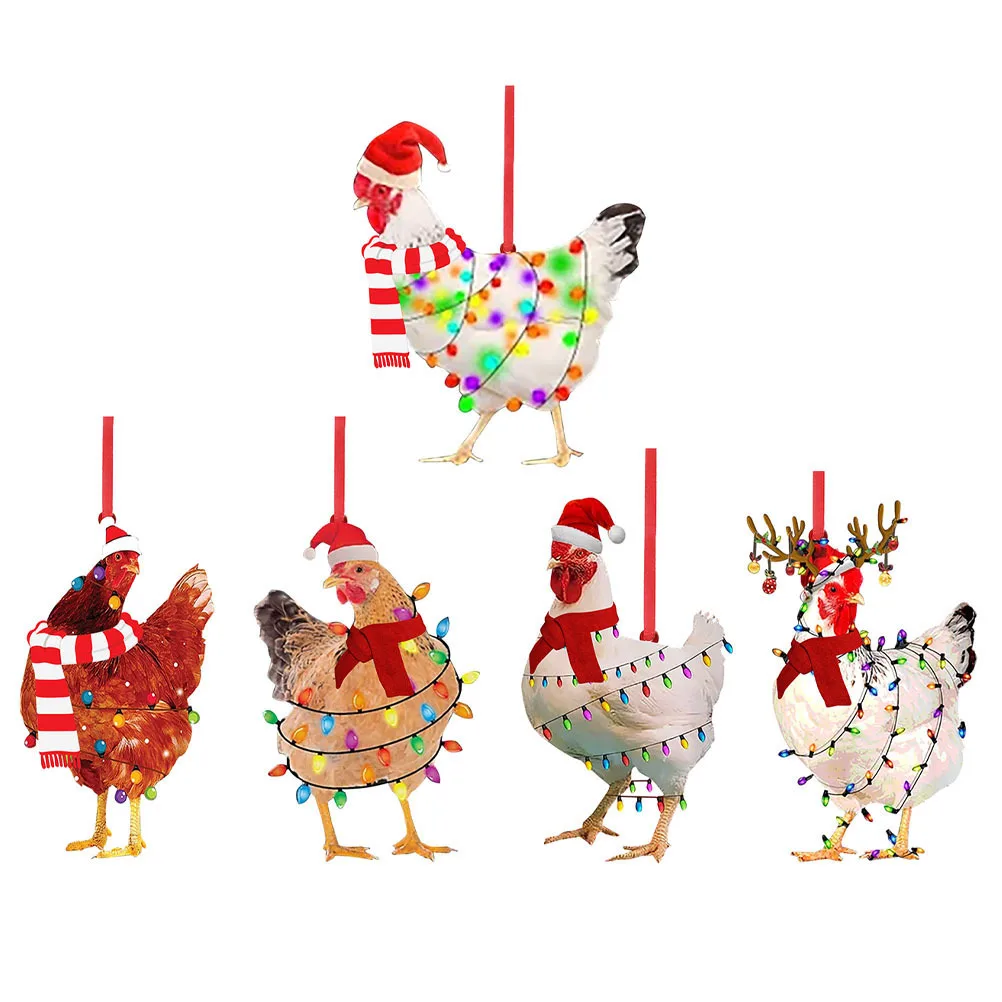 

5pcs Christmas Chicken Hanging Decor Wooden Xmas Tree Ornament Party Wedding Festival Decoration Scene Layout Supplies