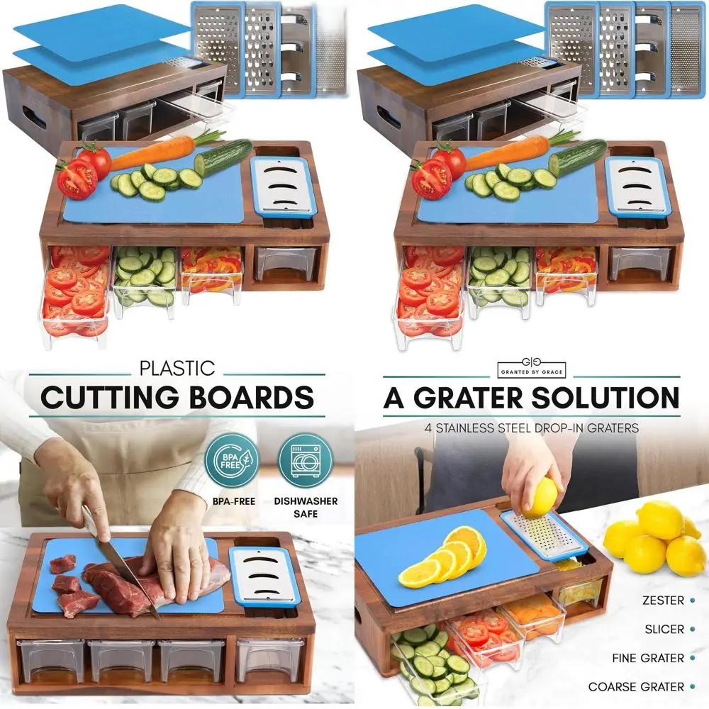

Acacia Meal Prep Cutting Board with Storage, 4 Graters, 2 Chopping Boards, Juice Grooves & More