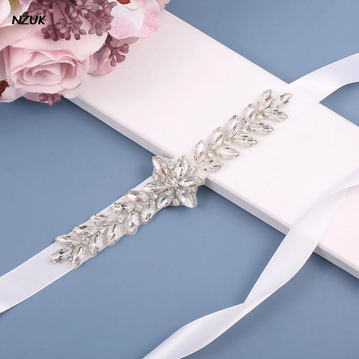 NZUK Daimond cintura da sposa fiore di cristallo fascia da sposa strass argento fascia da sposa per abiti da damigella d\'onore cinturon novia