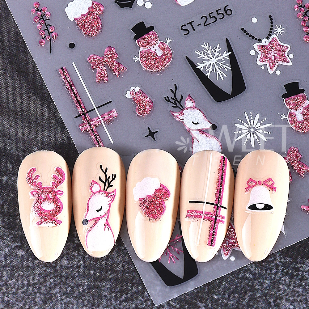 3/6개/세트 3D 크리스마스 네일 스티커 핑크 엘크 눈송이 리본 하트 네일 데칼 슬라이더 겨울 매니큐어 장식 네일 용품