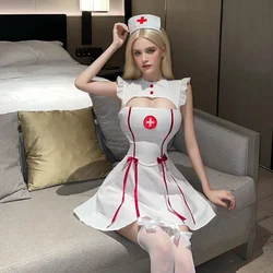 Sexy Lingerie Nurse Uniform Bust Hollow Out White Dress Exotic Costumes Pajamas Party Night Club Performance Wear Women Girls