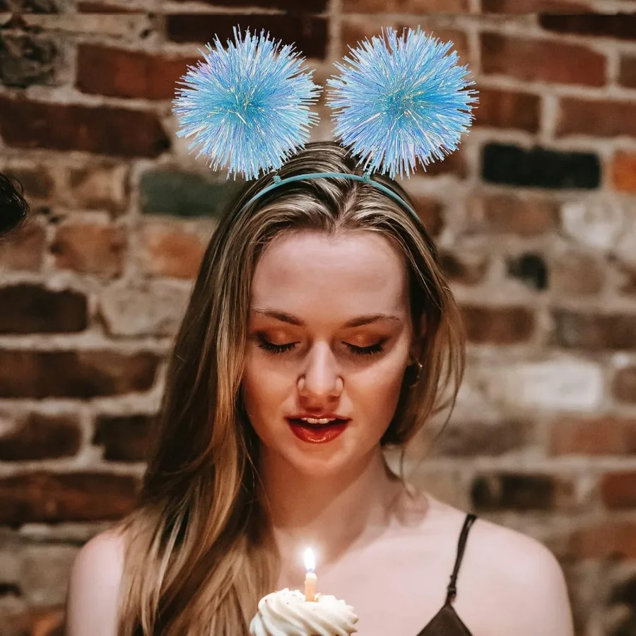 Foil Strips Headband with Pom Pom Fluffy Balls Tinsel Head Bopper Cosplay Hair Accessory for Festive Parties Holiday Events and