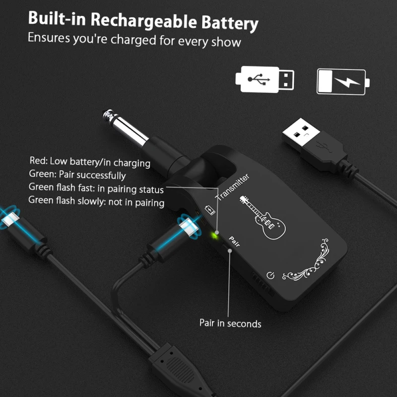 Wireless Guitar System 2.4G Rechargeable 6 Channels Audio Transmitter Receiver for Electric Guitar Bass Transmitter Receiver Set