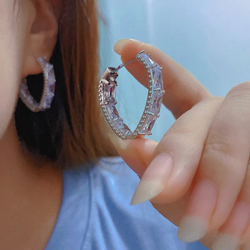 925 فضة فاخر هندسي زركونيا هوب أقراط أنثى موضة حفل زفاف مجوهرات رائع مجوهرات للنساء #6