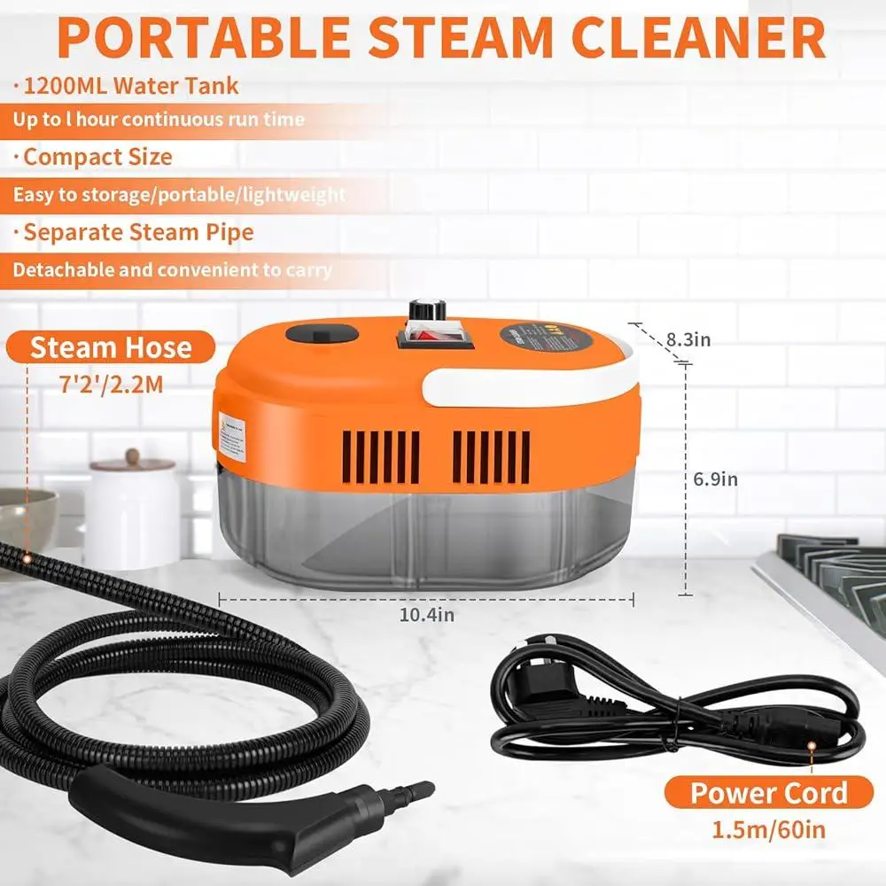 High Power Handheld Steam Cleaner Portable Car Cleaning Machine 2500W 6 Speed Adjustable Pressure 1L Tank 3 Brush Heads