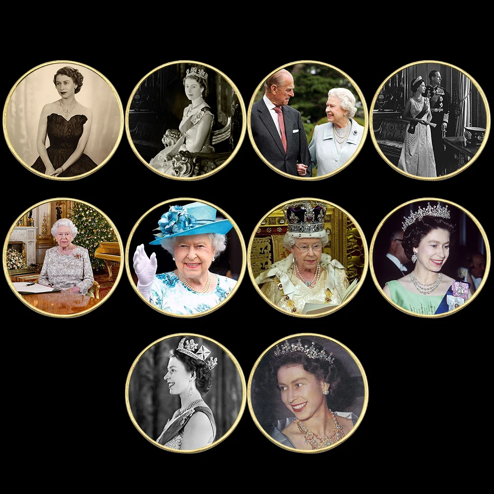 10pcs Queen of England GOLD Coin In Capsule Periods Elizabeth II Commemorative Medal Home Decoration Festival Gift