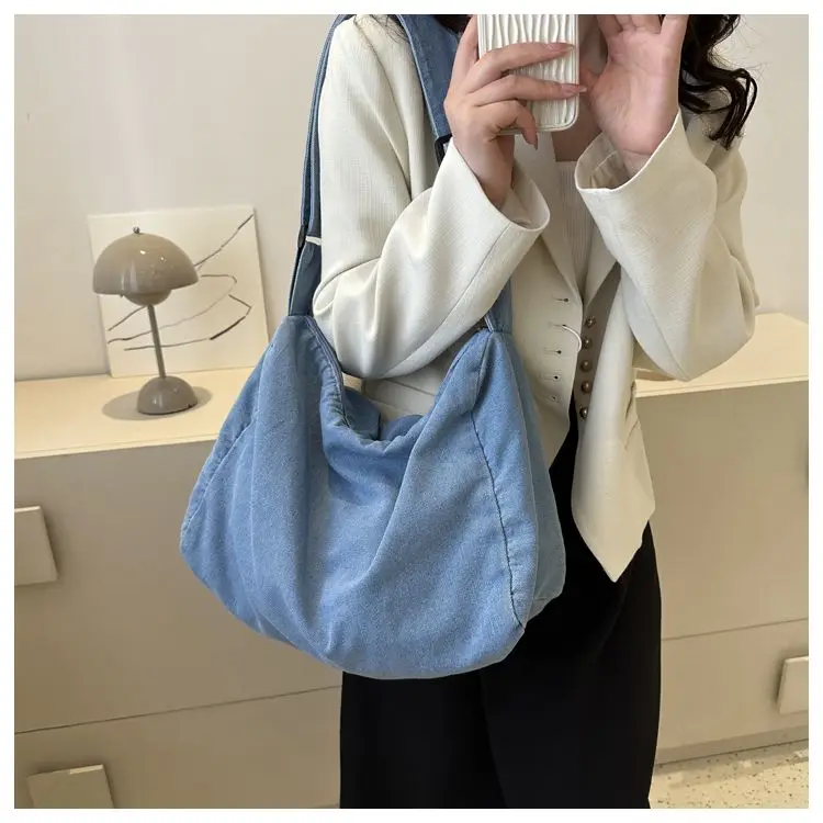 Denim Bag Fashion Simple Solid Casual Unisex Zipper SOFT High-Capacity Shoulder Purses and Handbags Girls Bag