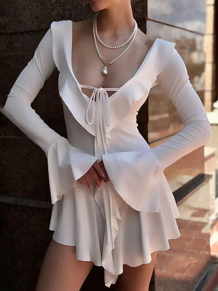 GypsyLady Sexy Ruffles Mini Dresses Autumn Spring Elegant V-neck Long Flare Sleeve Sheer Sexy Party Women Ladies Short Dress New