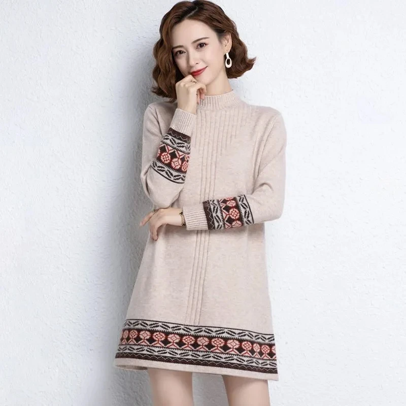 2024 Autumn/Winter New Half High Neck Knitted Sweater Dress Women\'s Loose Long Pullover Ethnic Style Retro Bottom Shirt Female