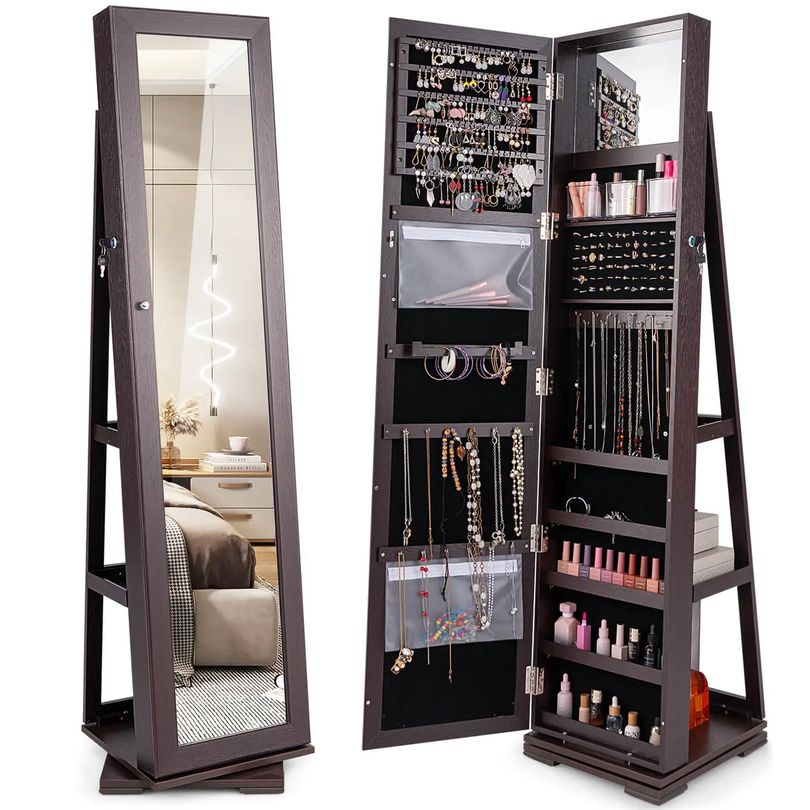 Costway 360° Rotatable Jewelry Cabinet Armoire 2-in-1 Lockable Mirrored