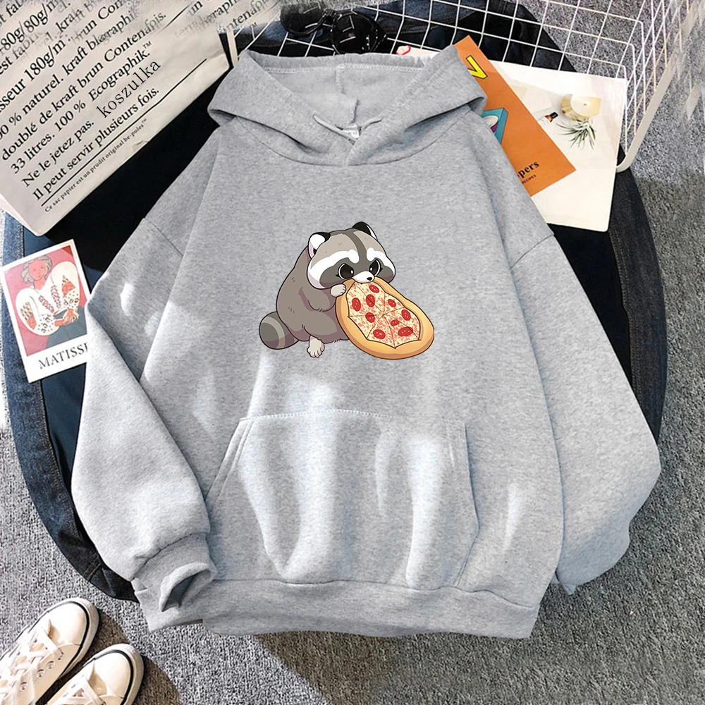 Cartoon Pizza Raccoon Hoodie Women Cute Print Hoodies Harajuku Sweatshirts Autumn Winter Plus Size Fleece Hooded Pullover