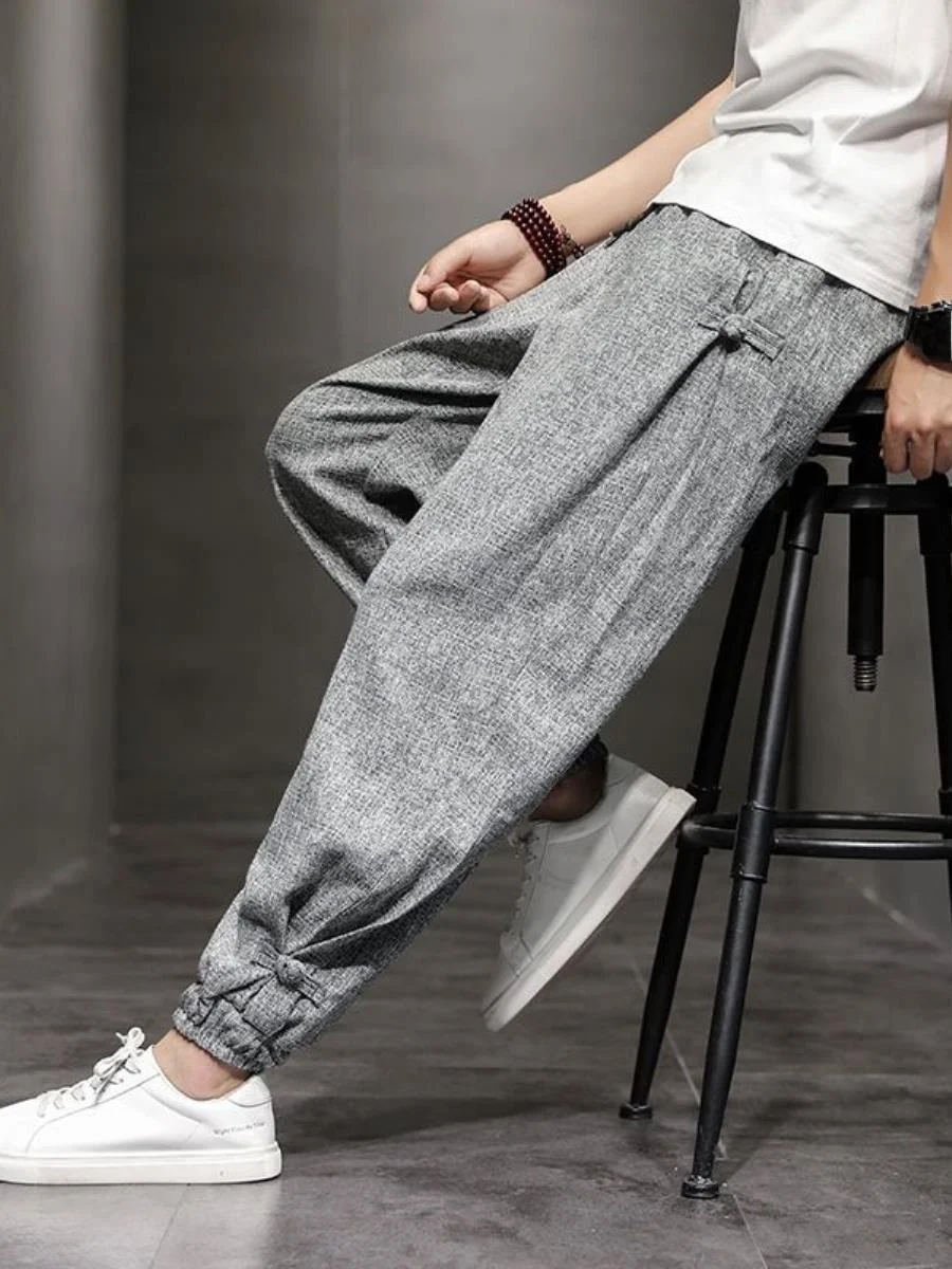 Men's Casual Plaid Cotton Linen Wide Leg Loose Harem Pants Summer Season Fashionable Trousers with Drawstring And Buckle