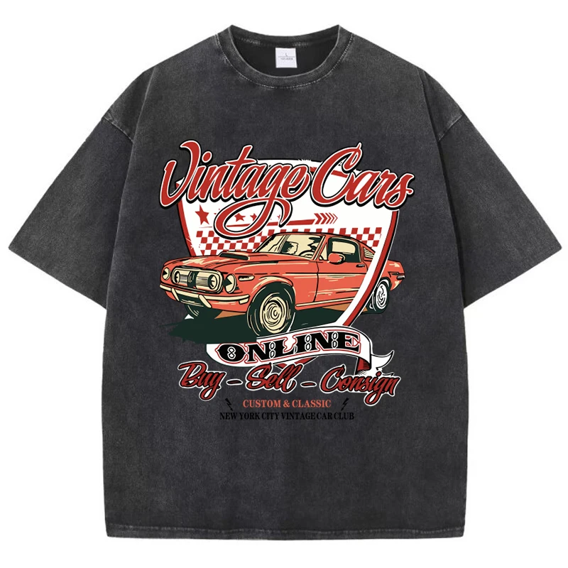 Vintage Car Online Buy Sell Consign Printing Women Washed T-Shirts Loose Comfortable O-Neck Cotton Tops Comfyfemale Clothes