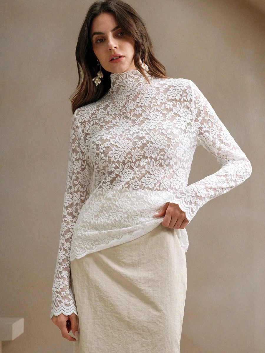 

White Lace Lomg Sleeve T-shirt for Women Sexy Visible Undershirt Elegant Lady Commuter Top Slim Fit Half-Neck Basic Shirt Top