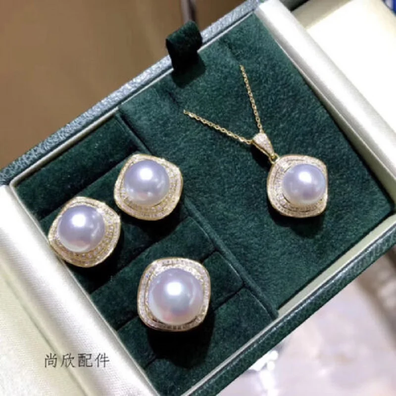 Gorgeous AAAA 9-10mm South China Sea White Rivet Pearl Pendant Earrings and Ring Set 925s