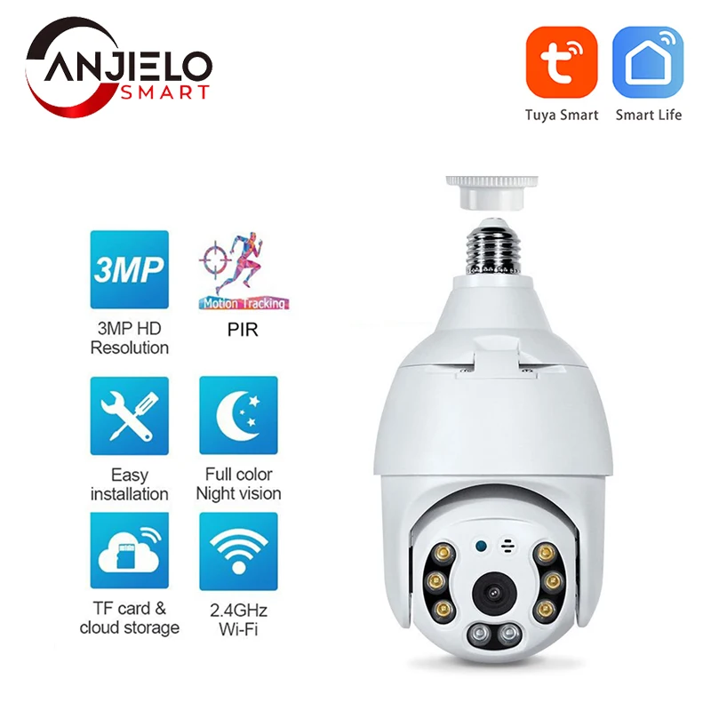

Wifi Wireless Camera Bulb Interface Two Way Talk Auto Tracking Night Vision IP Camera Video Surveillance Home 3MP Tuya Camera