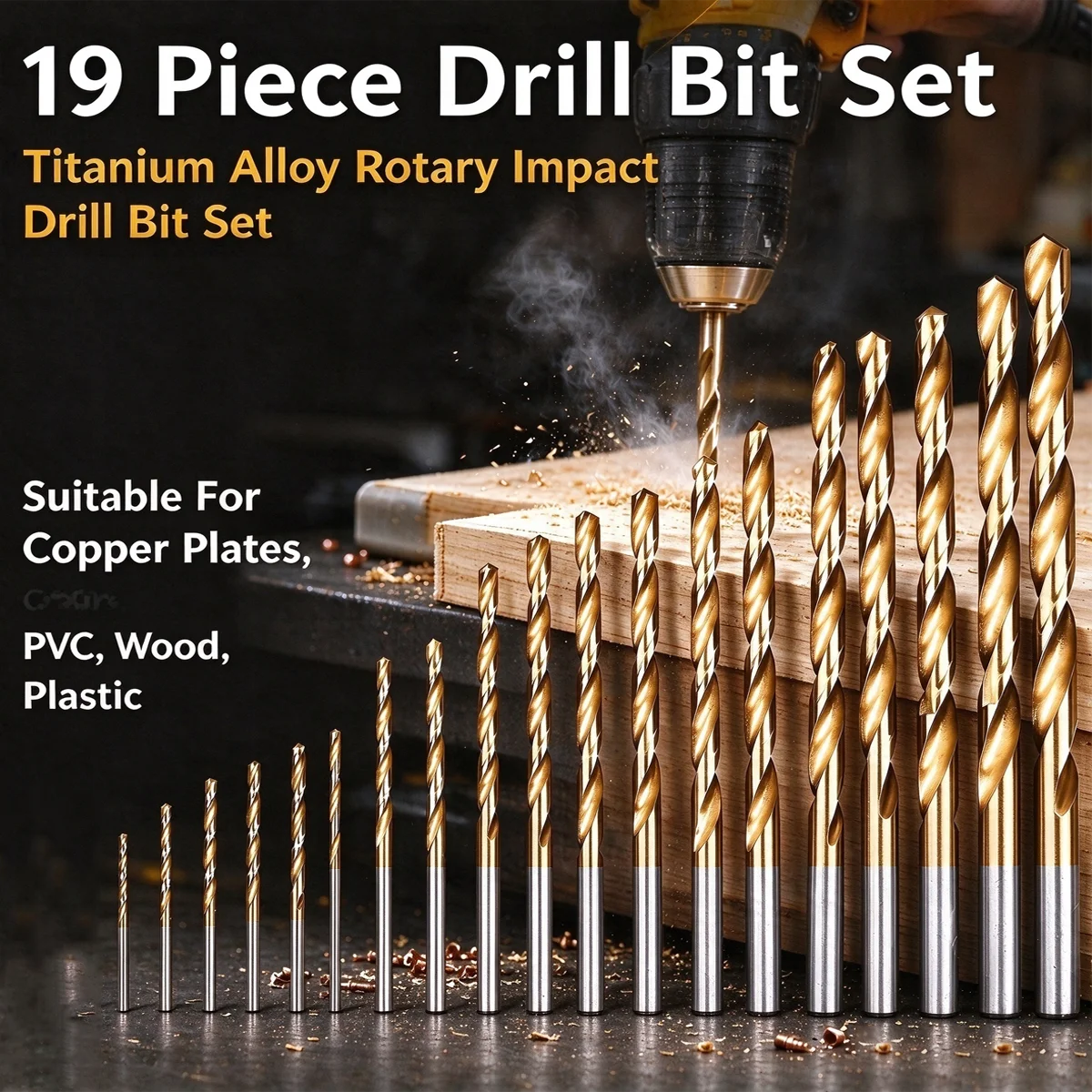 19-Piece Drill Bit Set, 1/16"-1/4" Titanium Alloy Rotary Impact Drill Bits For Copper Plates, PVC, Wood, Plastic