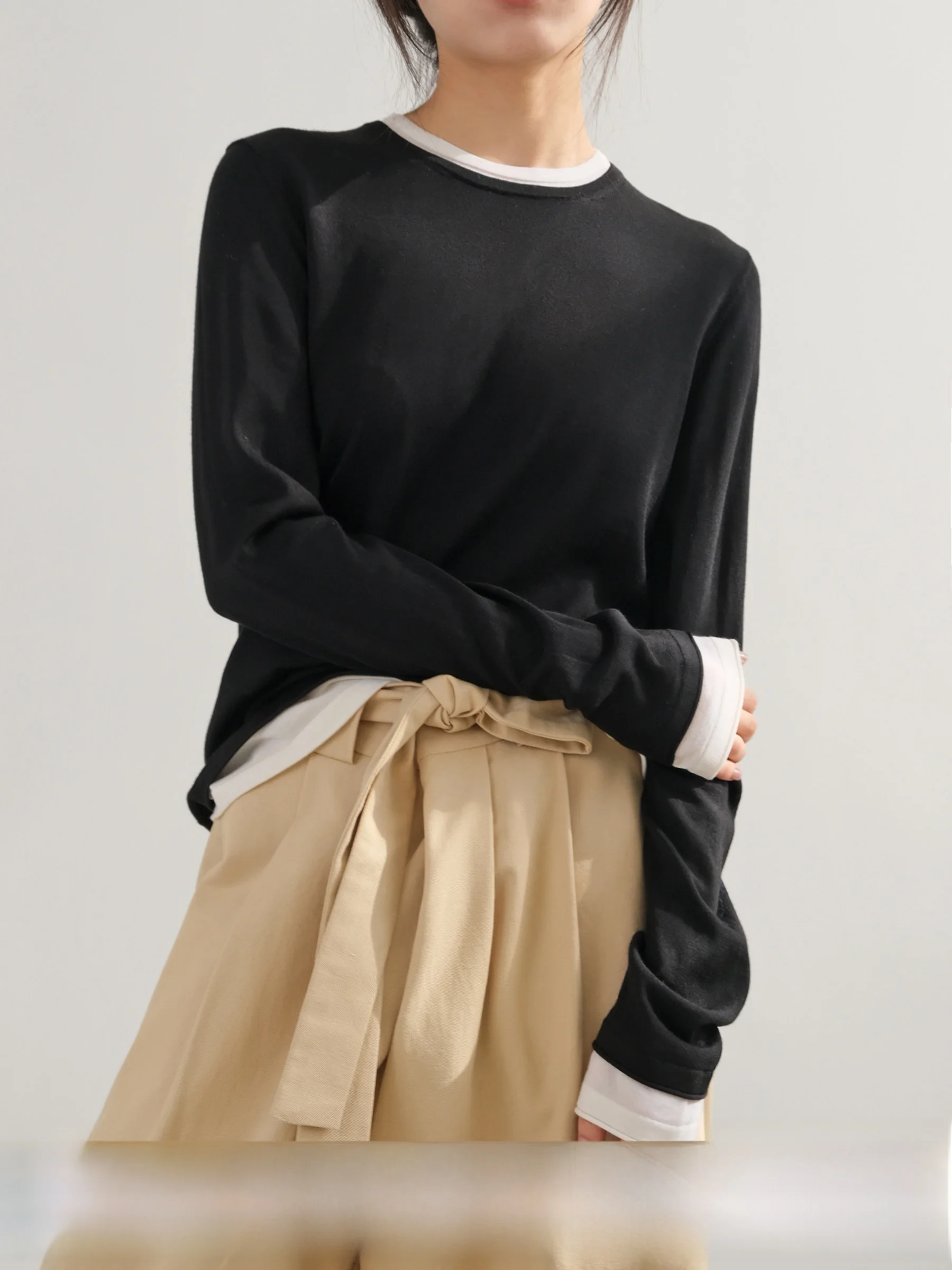 

VG lway Early Spring Versatile Knitted Wool Blend Long Sve round Ne Base irt Layering Top Commute Sle Loose Fit